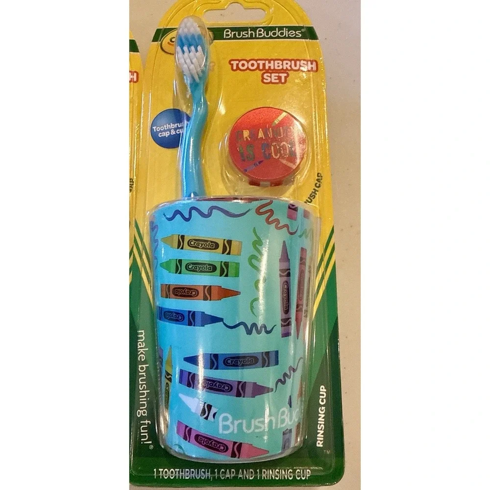 Crayola SET OF 4 Child Toothbrush Set Crayola‎ Blue Kids Brush Buddies Cap